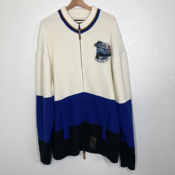 Akoo & Co Sweater Mens 4XL Blue cream Black Full Zip Knit Dog Patch Elbow Pads - Picture 3 of 16